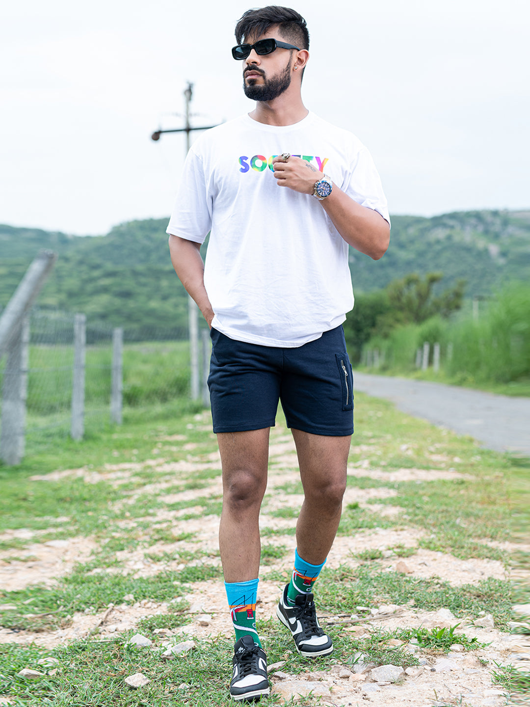 Navy Blue Three Pockets Solid Pattern Cotton Shorts