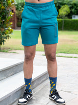 Teal Blue Three Pockets Solid Pattern Cotton Shorts