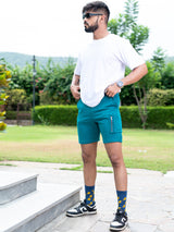 Teal Blue Three Pockets Solid Pattern Cotton Shorts