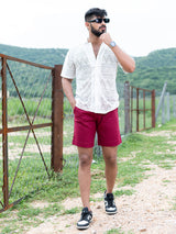 Burgundy Linen Solid Pattern Shorts