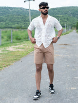 Brown Linen Solid Pattern Shorts