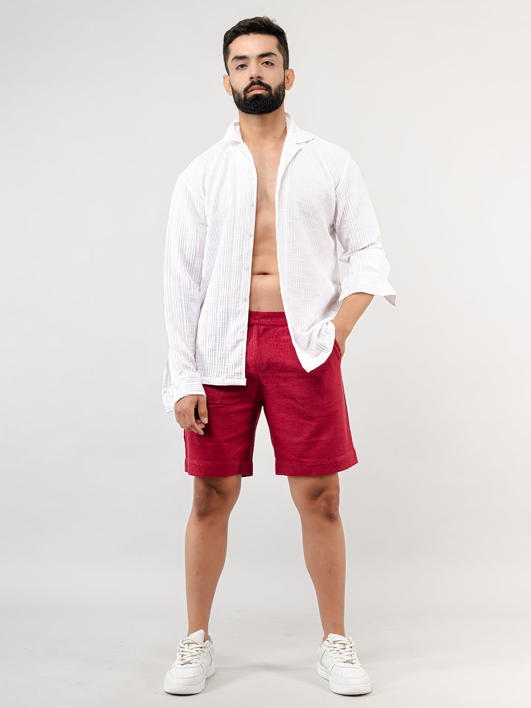 Burgundy Linen Solid Pattern Shorts