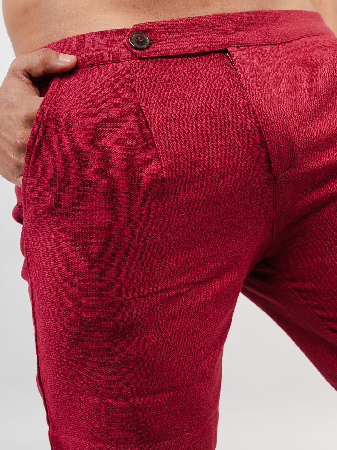 Burgundy Linen Solid Pattern Shorts