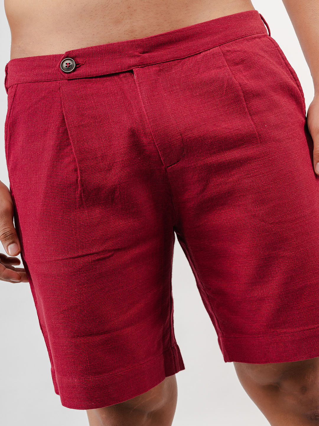 Burgundy Linen Solid Pattern Shorts