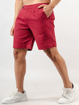 Burgundy Linen Solid Pattern Shorts