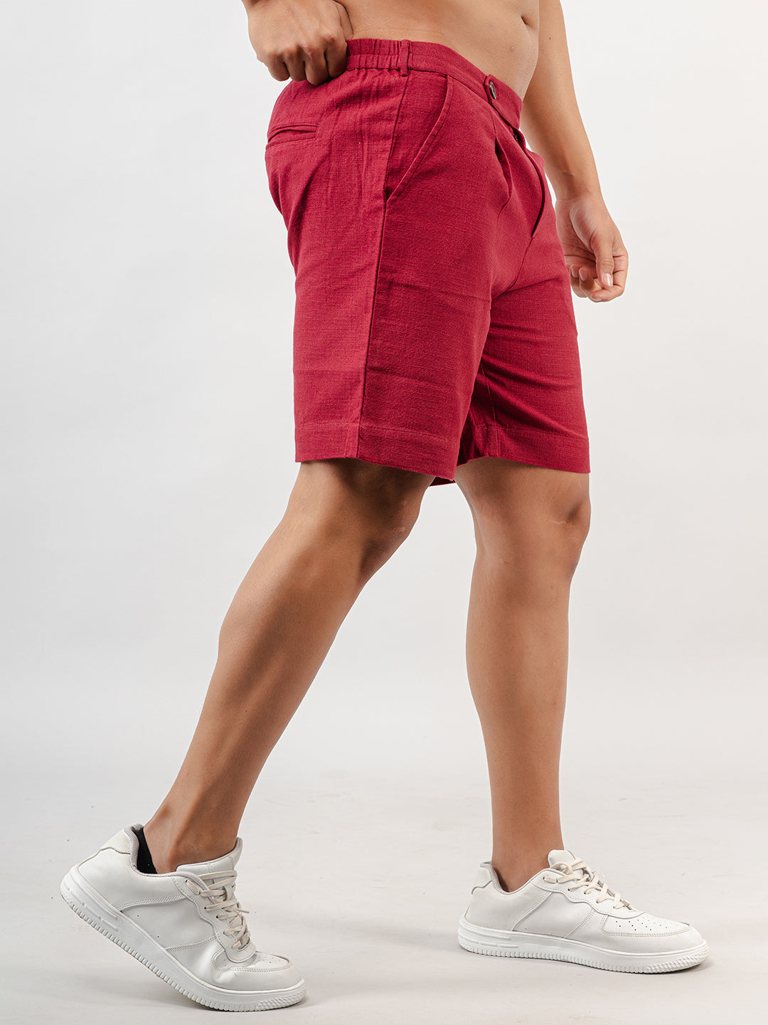 Burgundy Linen Solid Pattern Shorts