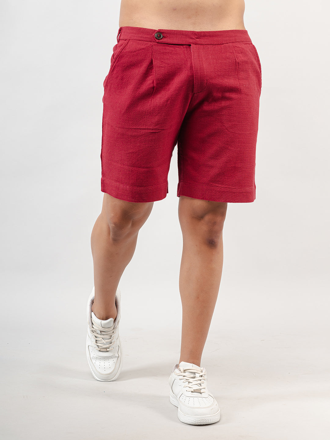 Burgundy Linen Solid Pattern Shorts