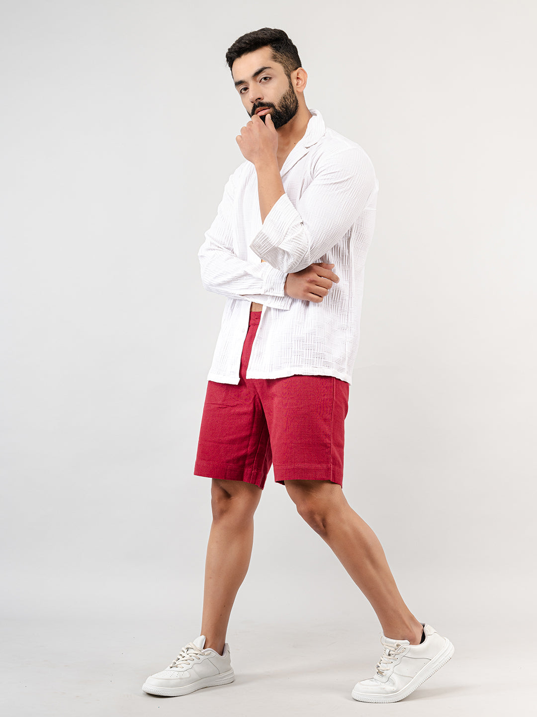 Burgundy Linen Solid Pattern Shorts