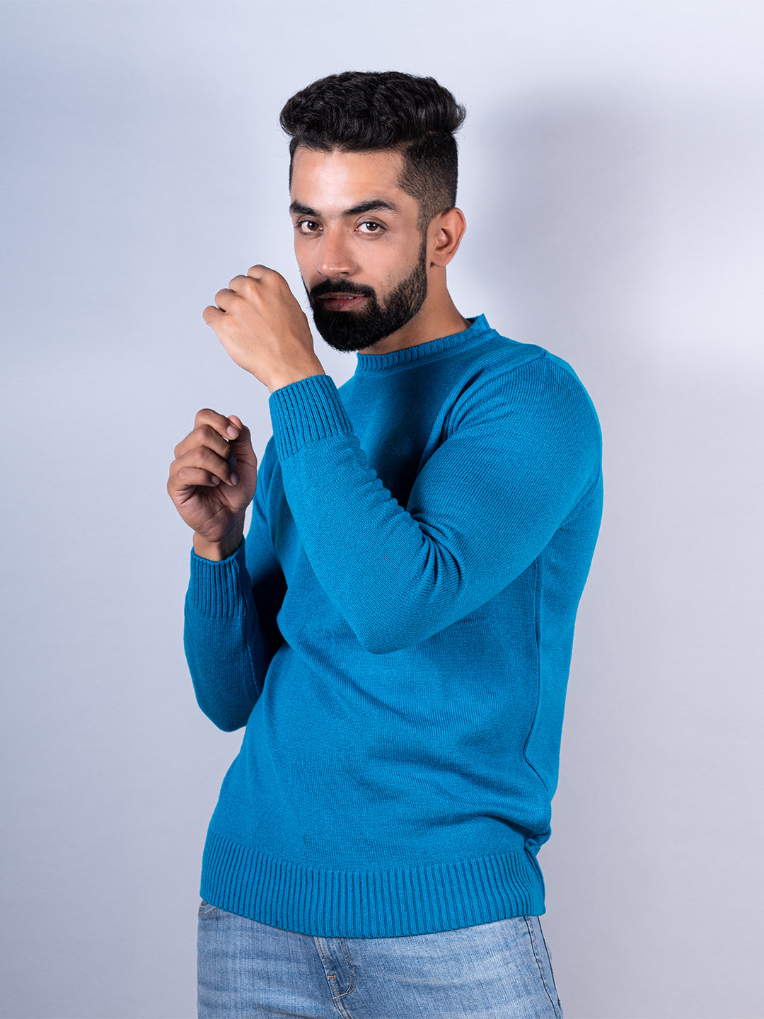 Teal Blue Color Crew Neck Men's Sweater