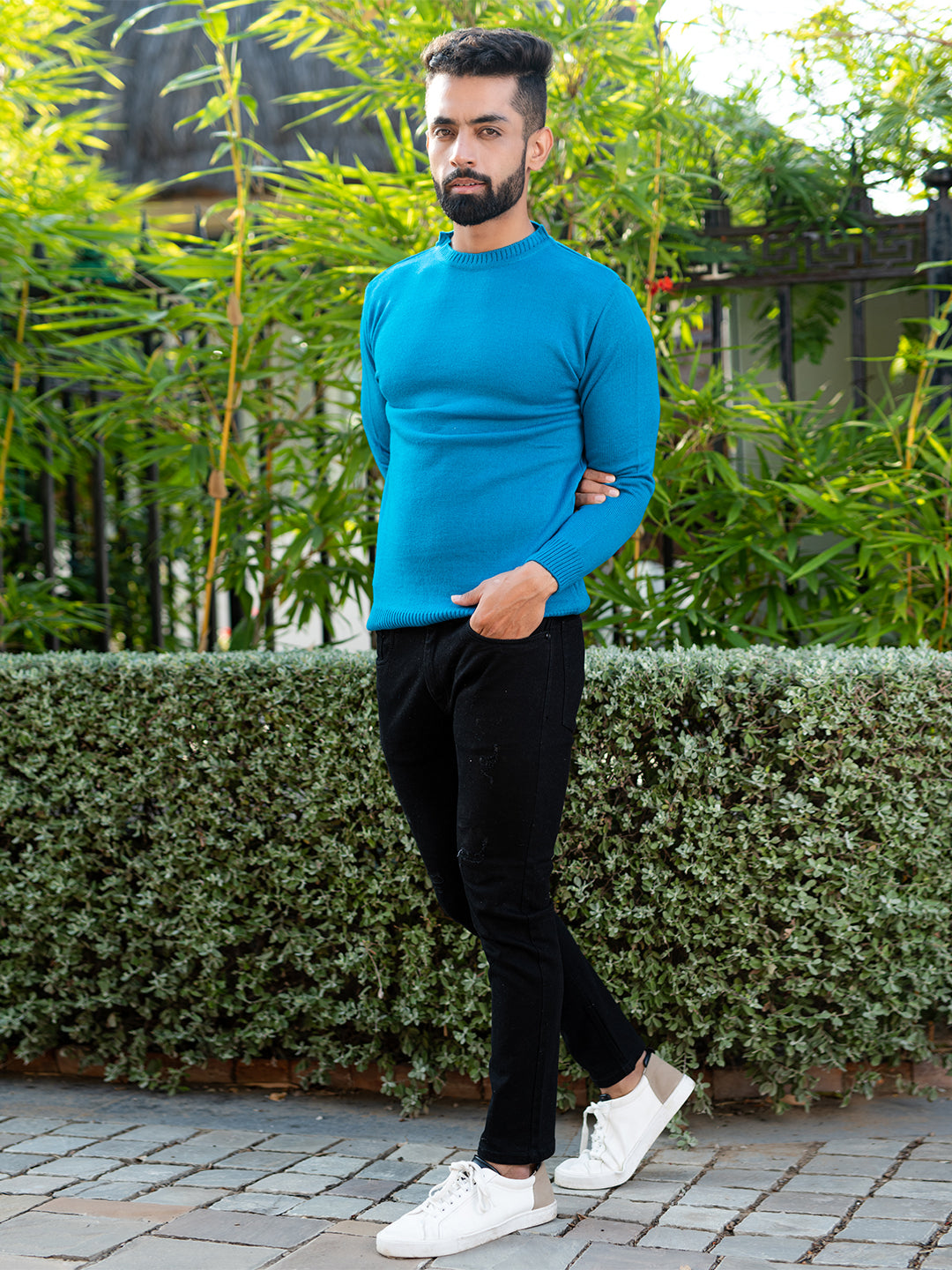 Teal Blue Color Crew Neck Men's Sweater