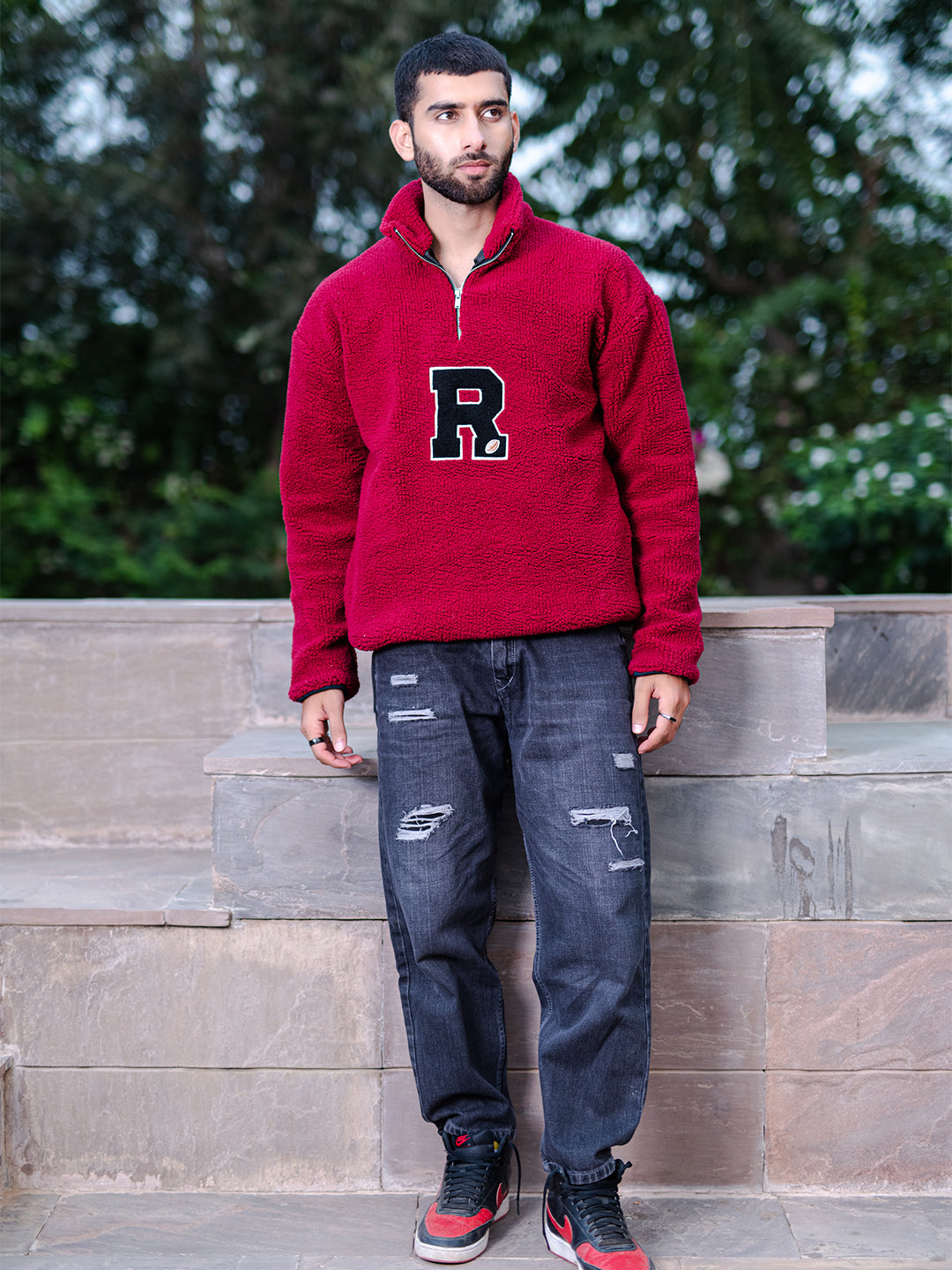 Rose Red R Half Zipper Fleece Sherpa Sweatshirt