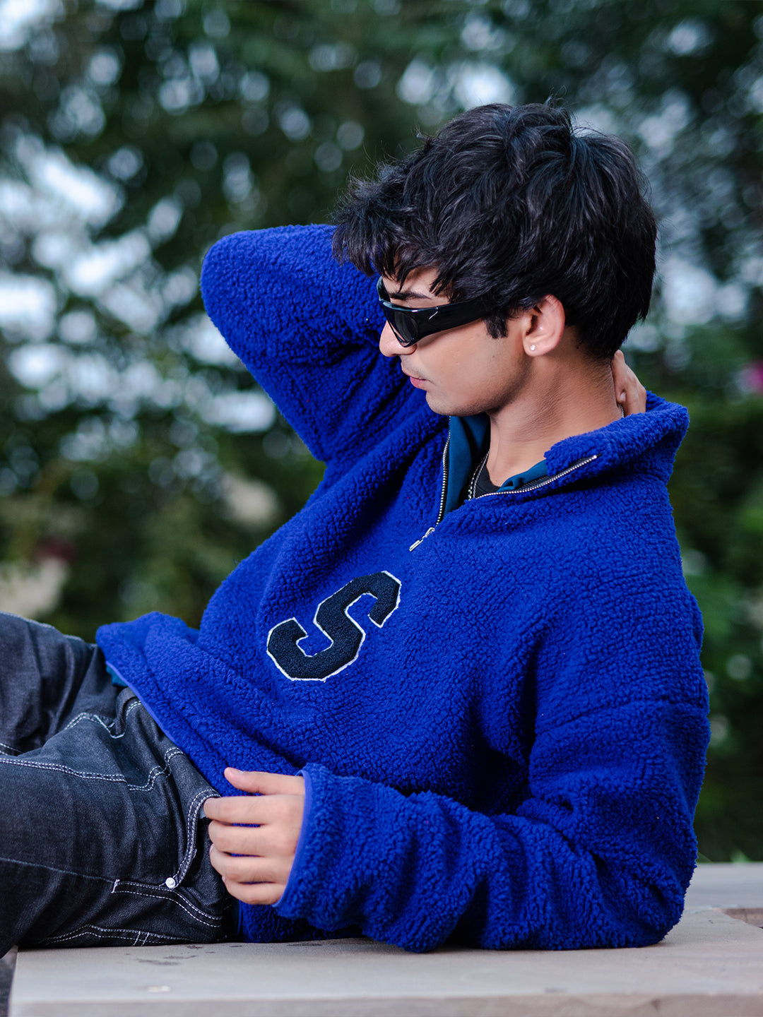 Blue S Half Zipper Fleece Sherpa Sweatshirt