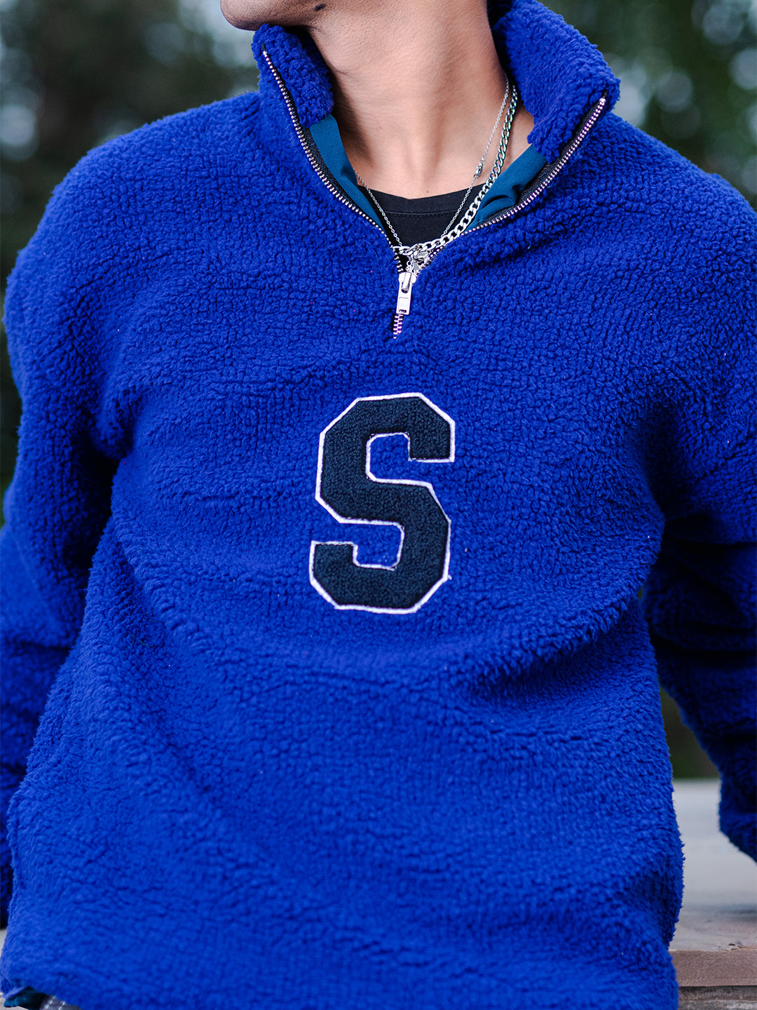 Blue S Half Zipper Fleece Sherpa Sweatshirt