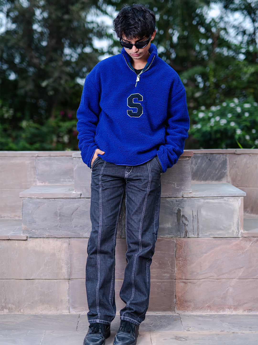 Blue S Half Zipper Fleece Sherpa Sweatshirt