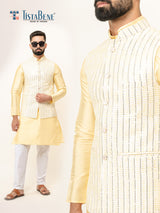 Light Yellow Dupin Solid Kurta With Embroidered Jacket for Men