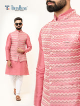 Dark Pink Dupin Solid Kurta With Embroidered Jacket for Men