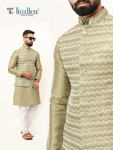 Olive Green Dupin Solid Kurta With Embroidered Jacket for Men