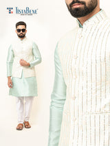 Mint Green Dupin Solid Kurta With Embroidered Jacket for Men