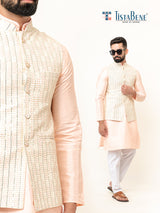 Peach Dupin Solid Kurta With Embroidered Jacket for Men