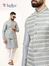 Grey Dupin Solid Kurta With Embroidered Jacket for Men