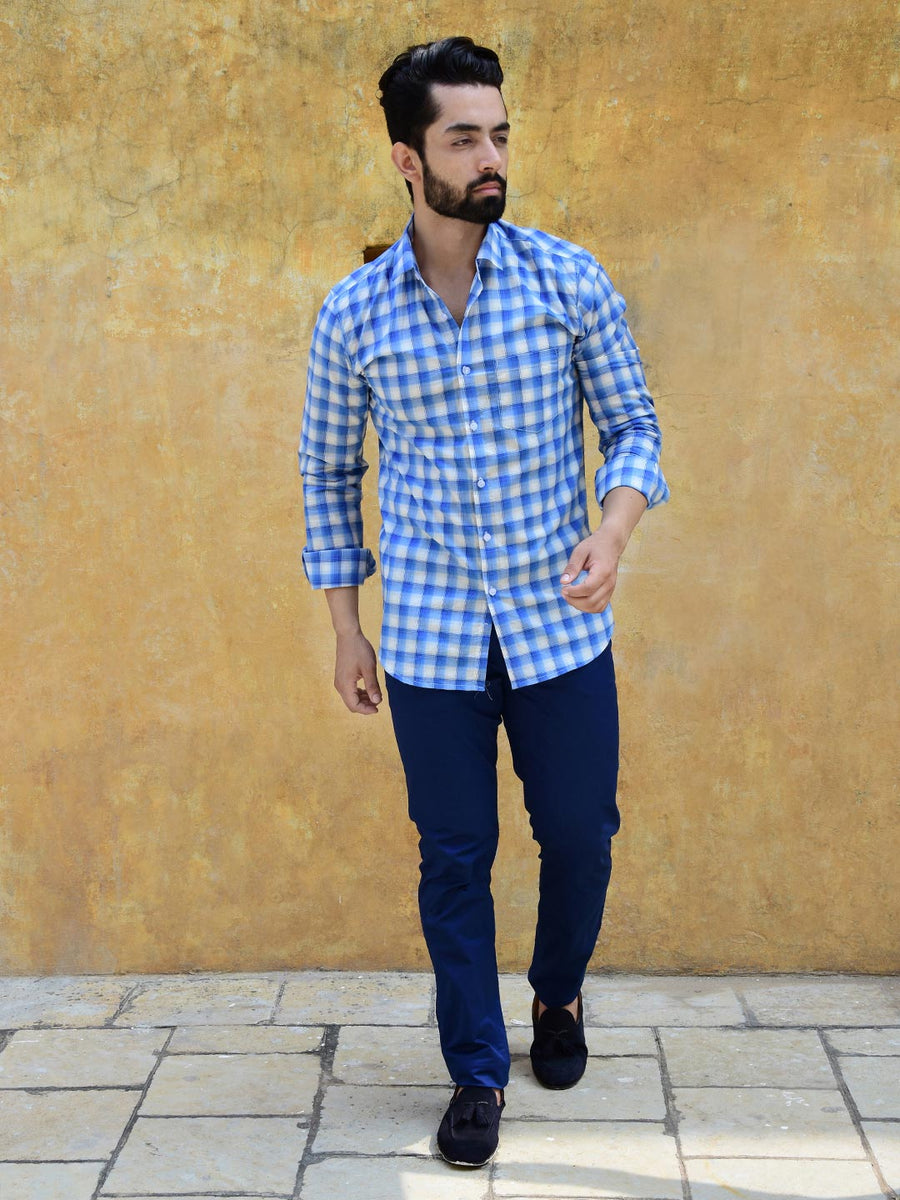 Buy Blue and White Wide Checks Mens Shirt Online | Tistabene