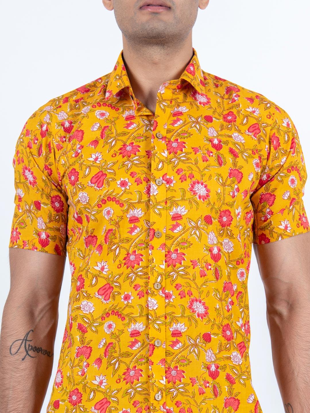 Yellow Floral Block Full Sleeves Cotton Printed Shirt For Men