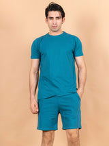 Teal Blue Solid T-Shirt and Shorts Men's Co-Ord Set