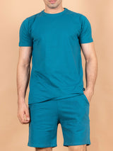 Teal Blue Solid T-Shirt and Shorts Men's Co-Ord Set