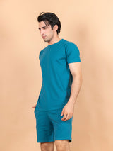 Teal Blue Solid T-Shirt and Shorts Men's Co-Ord Set