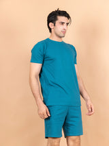 Teal Blue Solid T-Shirt and Shorts Men's Co-Ord Set