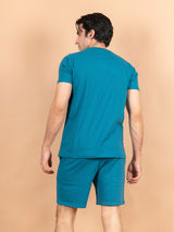 Teal Blue Solid T-Shirt and Shorts Men's Co-Ord Set