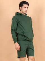 Solid Bottle Green Kangaroo Pattern Hoodie with Shorts Co-Ord Set