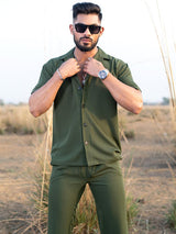 Military Green Half Sleeves Poly Crepe Co-ord Set - Tistabene