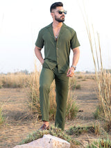 Military Green Half Sleeves Poly Crepe Co-ord Set - Tistabene