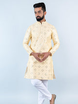 Beige Mirror Work Embroidered Dupion Silk Mens Kurta - Tistabene