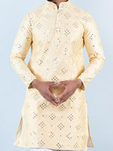 Beige Mirror Work Embroidered Dupion Silk Mens Kurta - Tistabene