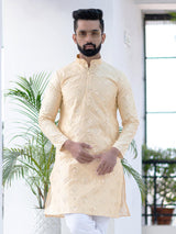 Beige Mirror Work Embroidered Dupion Silk Mens Kurta - Tistabene