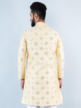 Beige Mirror Work Embroidered Dupion Silk Mens Kurta - Tistabene