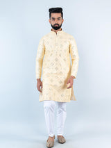 Beige Mirror Work Embroidered Dupion Silk Mens Kurta - Tistabene