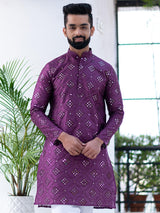 Purple Mirror Work Embroidered Dupion Silk Mens Kurta - Tistabene