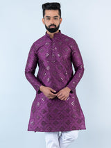 Purple Mirror Work Embroidered Dupion Silk Mens Kurta - Tistabene