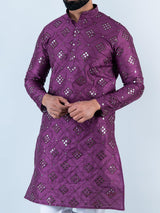 Purple Mirror Work Embroidered Dupion Silk Mens Kurta - Tistabene