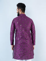 Purple Mirror Work Embroidered Dupion Silk Mens Kurta - Tistabene