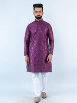 Purple Mirror Work Embroidered Dupion Silk Mens Kurta - Tistabene