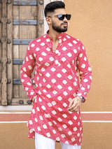 Red Bandhani Printed Cotton Mens Kurta - Tistabene