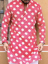 Red Bandhani Printed Cotton Mens Kurta - Tistabene