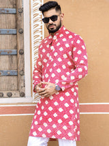 Red Bandhani Printed Cotton Mens Kurta - Tistabene