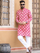 Red Bandhani Printed Cotton Mens Kurta - Tistabene