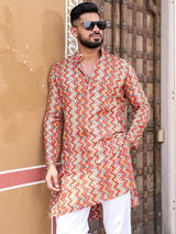 Red Floral Chevron Printed Cotton Mens Kurta - Tistabene