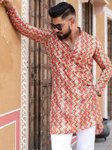 Red Floral Chevron Printed Cotton Mens Kurta - Tistabene